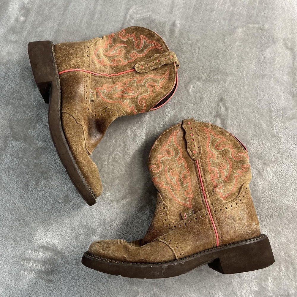 Justin Boots Size 7 Brown Suede Western Cowboy Paisley Embroidered L9604